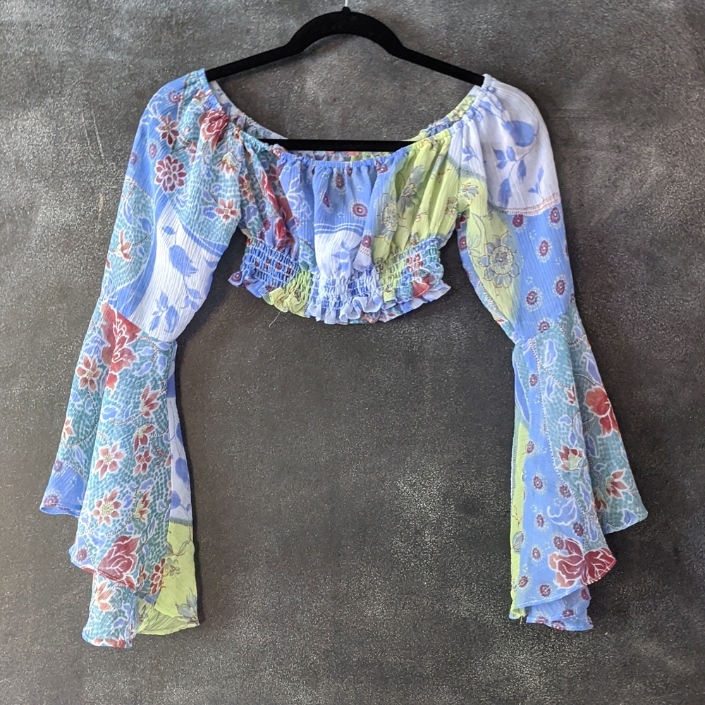 Y2K Sirens Fairycore Crop Sheer Romantic Off the Shoulder Bell Sleeve Blouse Sm